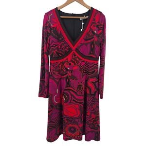 Trina Turk Linda Dress Size 10 Geometric Floral Print Midi VNeck Long Sleeve NWT